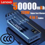 Lenovo 120W 50000mAh High Capacity Power Bank 4 in 1 Cables Fast Charging Power Bank Portable Charger for iPhone Samsung