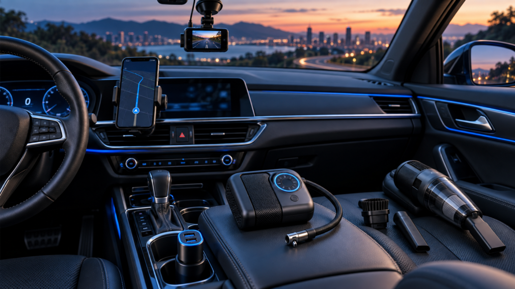 Useful car gadgets including a dash camera, tire inflator, charger, and phone mount inside a vehicle
