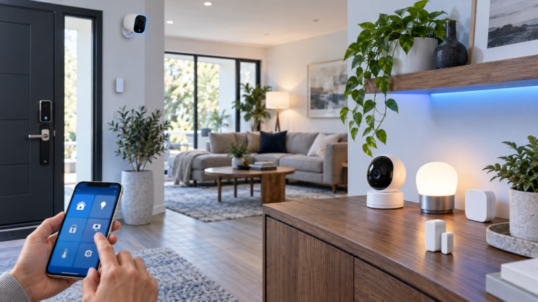 Smart home devices, cameras, and connected gadgets arranged in a modern home