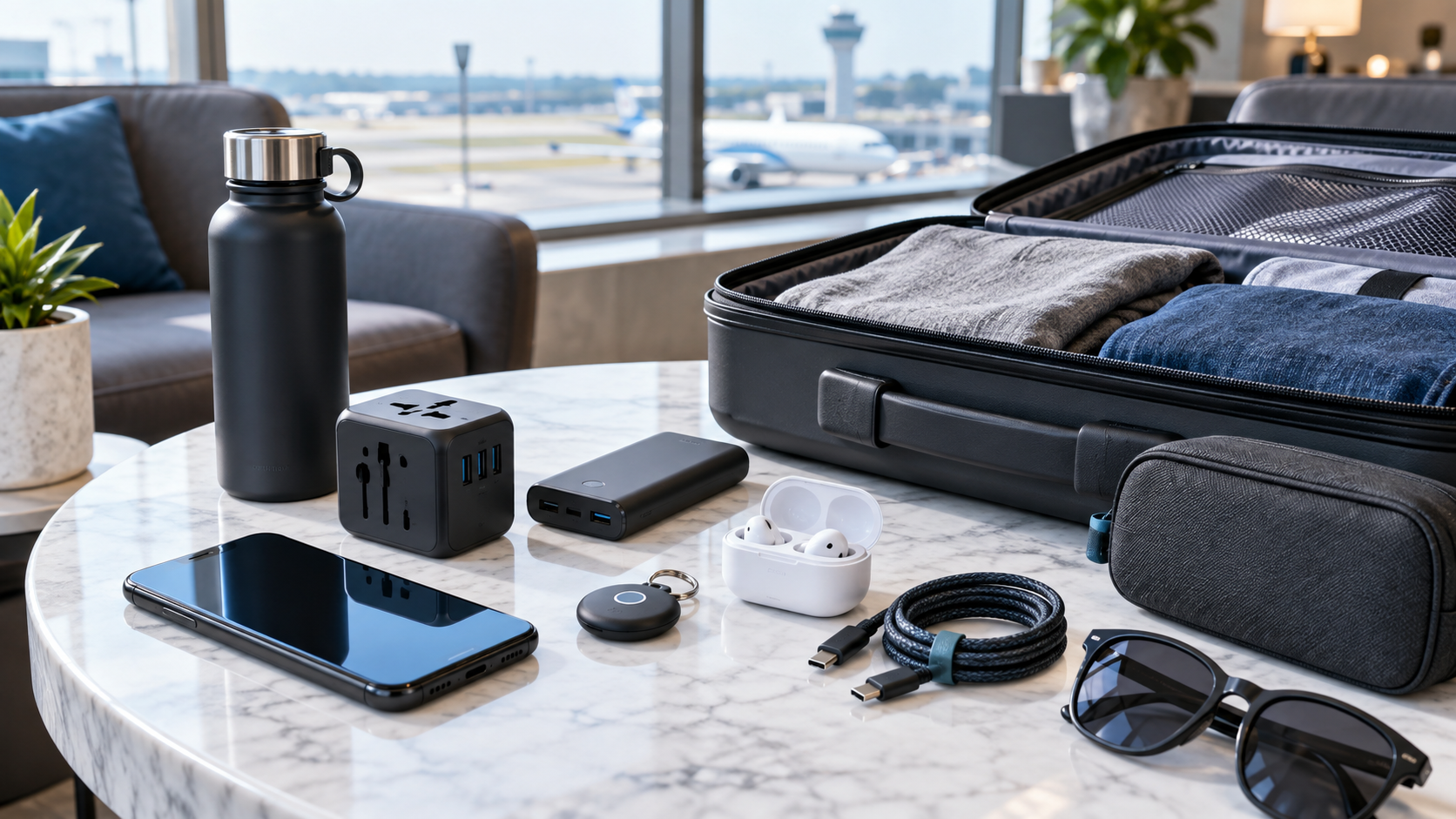 Travel tech gadgets including chargers, trackers, earbuds, and adapters packed for a trip