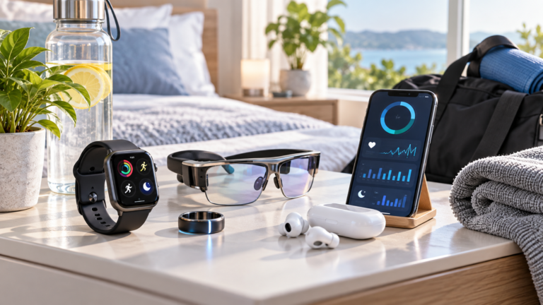 Wearable tech including a smartwatch, smart ring, fitness band, and smart scale on a clean surface