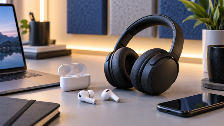 Wireless earbuds and over-ear headphones on a clean desk with a phone and audio accessories